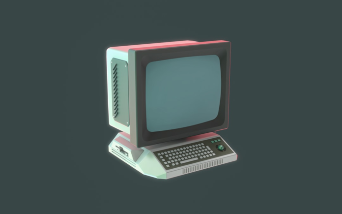 Stylized retro computer with a blank monitor and integrated keyboard against a dark background, representing classic digital technology or potential attack vectors.