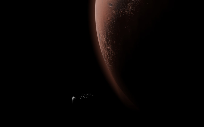 A convoy of spacecraft flies past a moon near the partially illuminated red planet Mars in the dark expanse of space, evoking a sense of deep space exploration.