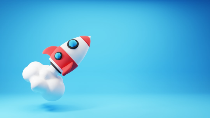 Stylized red and white rocket launching upwards with white smoke against a vibrant blue background, symbolizing iconic spacecraft missions.