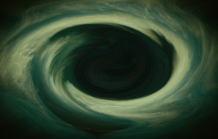 Abstract illustration of a supermassive black hole, showing a dark, central void surrounded by luminous, swirling teal and white cosmic matter.