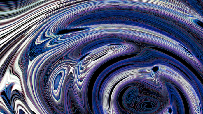 Dynamic abstract image showing swirling blue, purple, and white lines distorting around dark centers, visually representing spacetime curvature and black hole gravity.