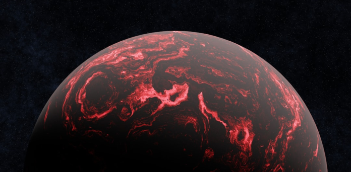Distant exoplanet WASP-39b, showcasing its dark, nebulous surface with fiery red atmospheric swirls, set against a star-studded cosmic backdrop.