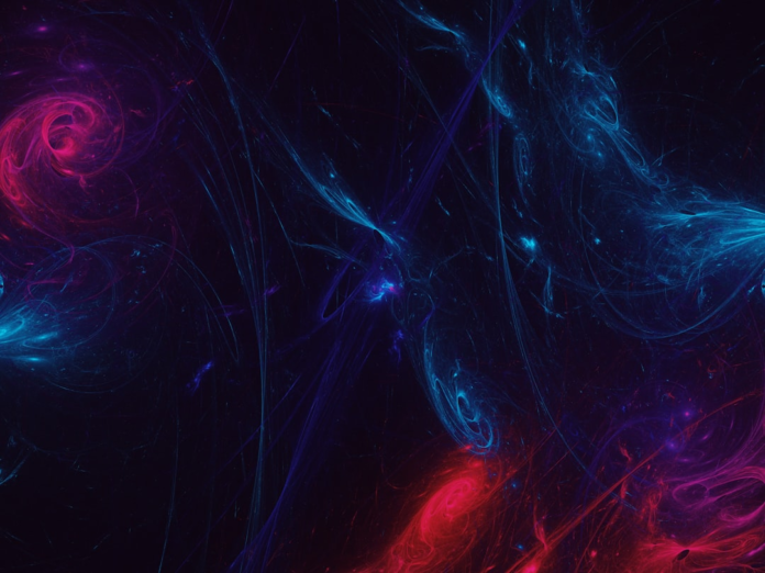 Abstract cosmic energy swirls of vibrant blue, purple, and red light streak across a dark void, depicting the mysterious state preceding the Big Bang.